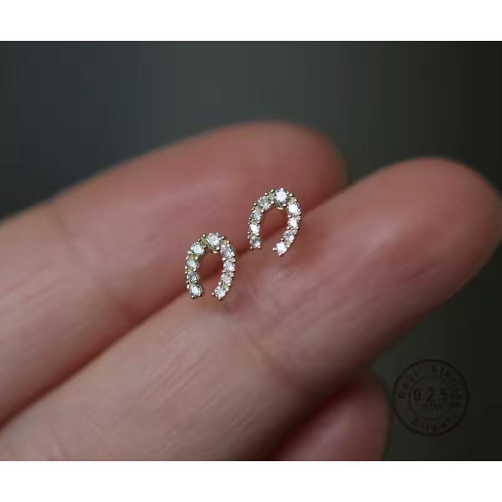 Horseshoe Simulated Diamond Stud Earrings‎ 14k Gold Overlay Lucky Sparkly